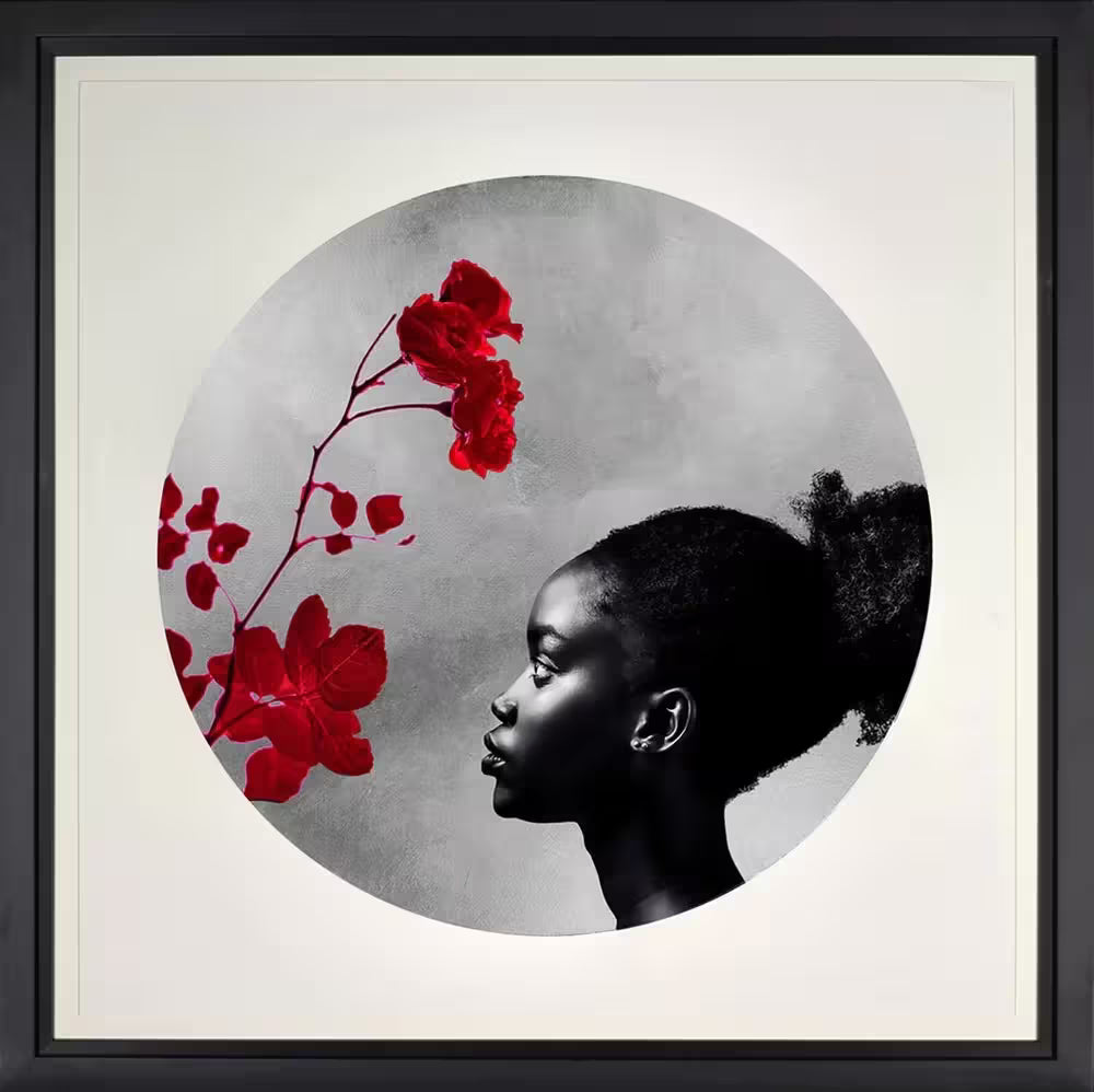 A Maxim limited edition of a red flower and a girl looking onto it, the title is Exhale