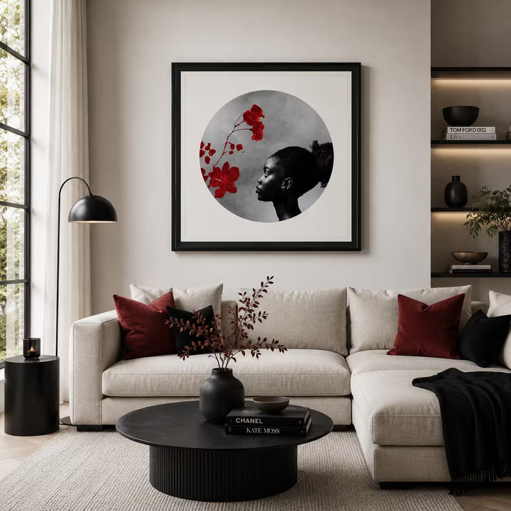 A Maxim limited edition of a red flower and a girl looking onto it, the title is Exhale