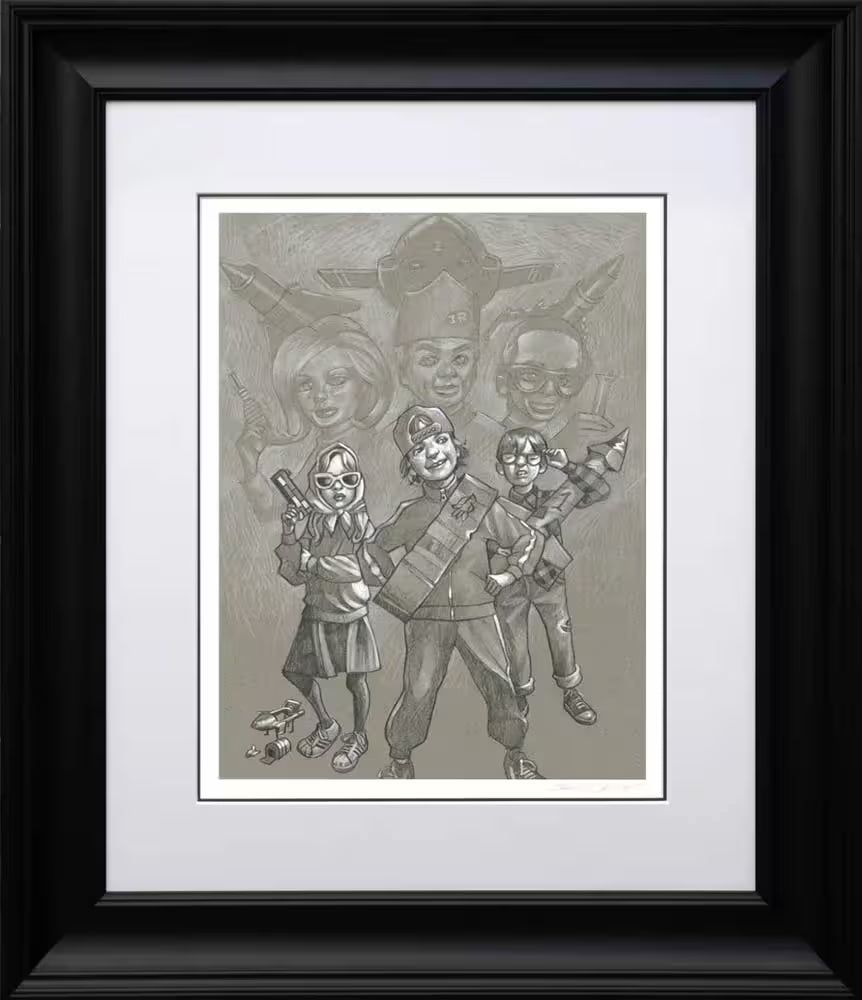 A Craig Davison original sketch of three children pretending to be Thunderbirds, the title is F-A-B