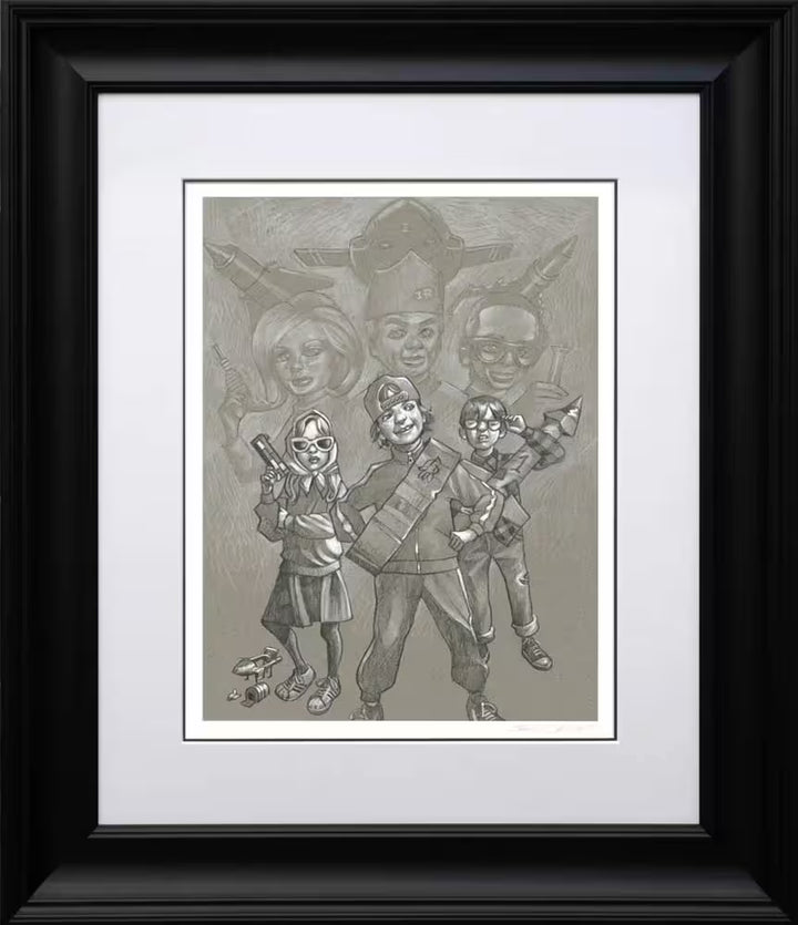 A Craig Davison original sketch of three children pretending to be Thunderbirds, the title is F-A-B