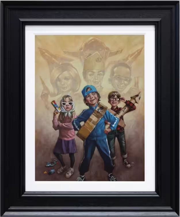 A Craig Davison limited edition of three children pretending to be the Thunderbirds, the title is F-A-B