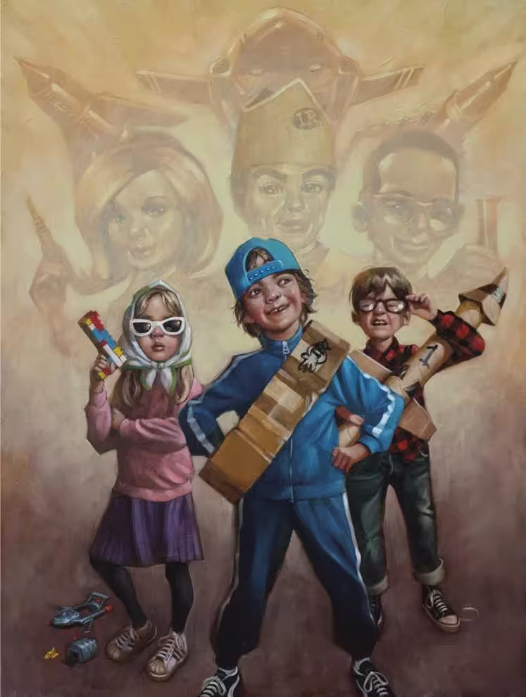 A Craig Davison limited edition of three children pretending to be the Thunderbirds, the title is F-A-B