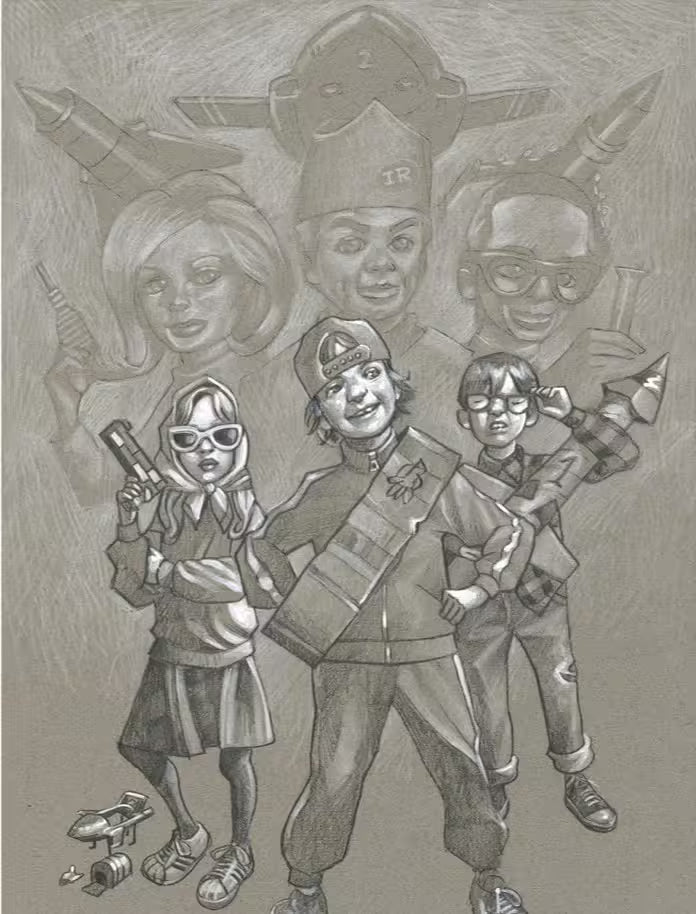 A Craig Davison original sketch of three children pretending to be Thunderbirds, the title is F-A-B