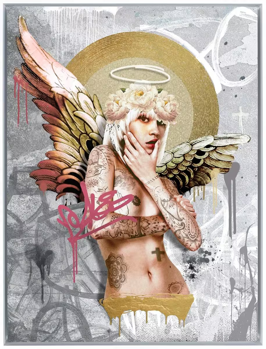 A Matt Herring limited edition of an angel with tattoos and flowers, the title is Fallen Angel