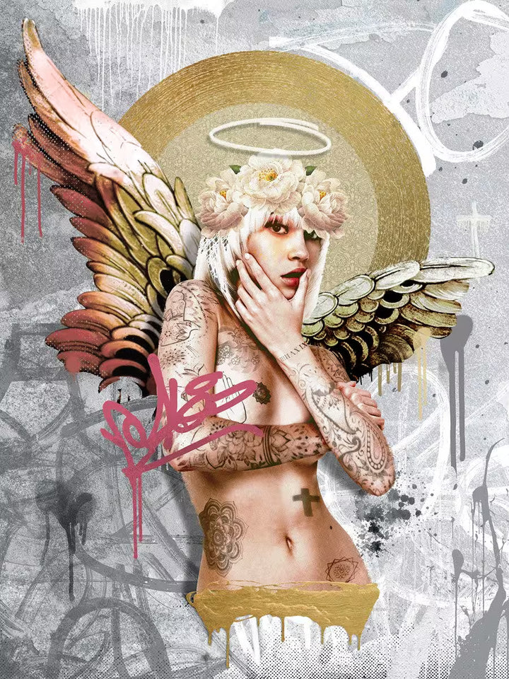 A Matt Herring limited edition of an angel with tattoos and flowers, the title is Fallen Angel