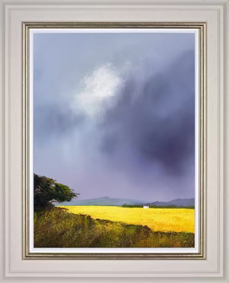 A Barry Hilton framed limited edition of a yellow field with a stormy dark sky, the title is Far Horizons I