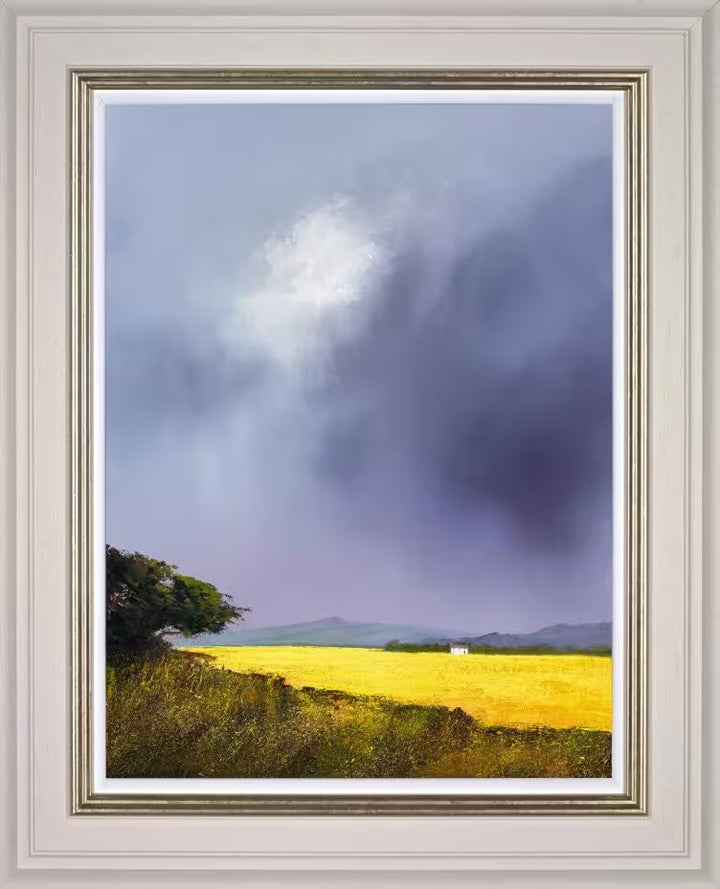 A Barry Hilton framed limited edition of a yellow field with a stormy dark sky, the title is Far Horizons I