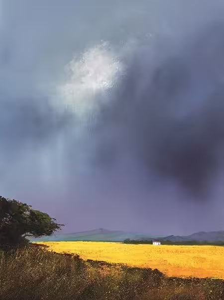 A Barry Hilton limited edition of a yellow field with a stormy dark sky, the title is Far Horizons I