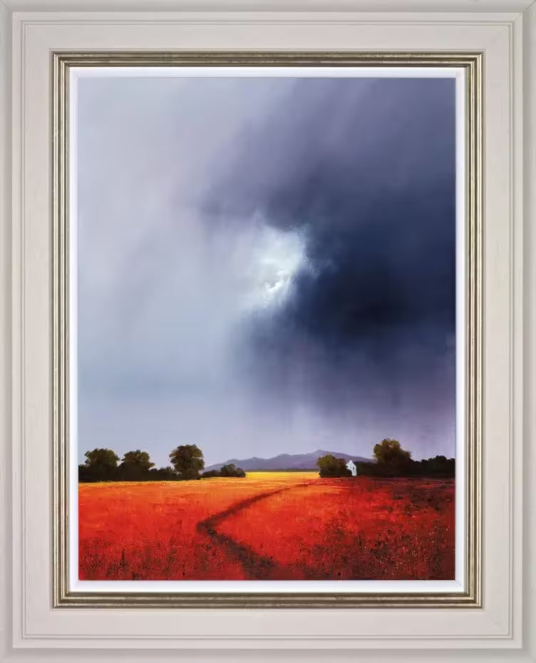 A Barry Hilton framed limited edition piece of a red field with a dark stormy sky, the title is Far Horizons II