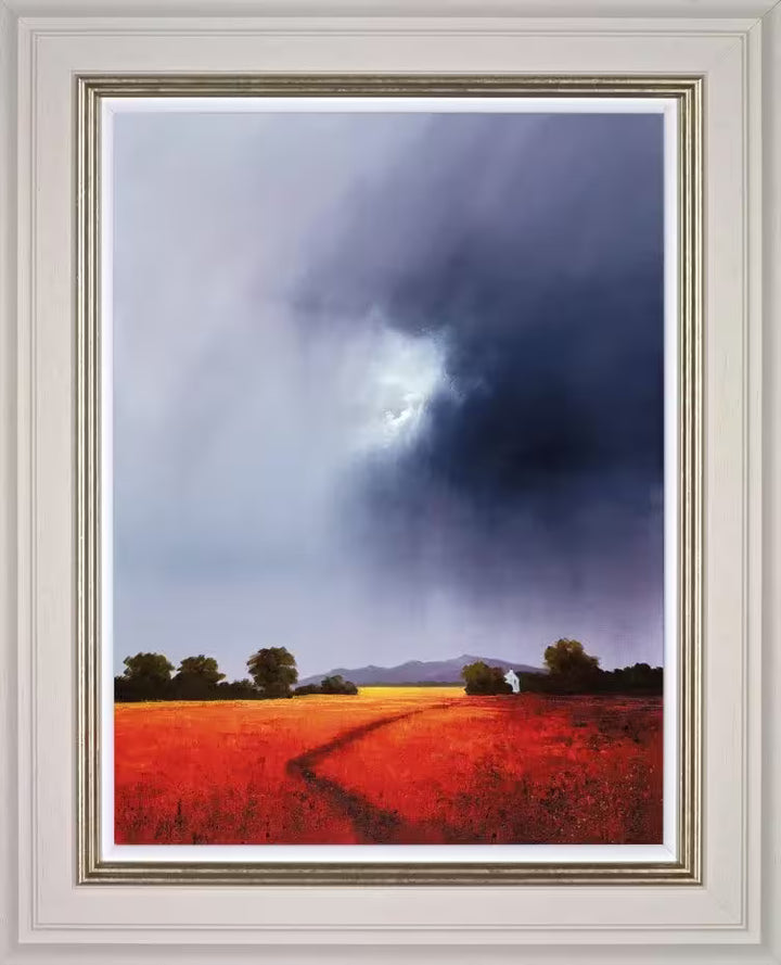 A Barry Hilton framed limited edition piece of a red field with a dark stormy sky, the title is Far Horizons II