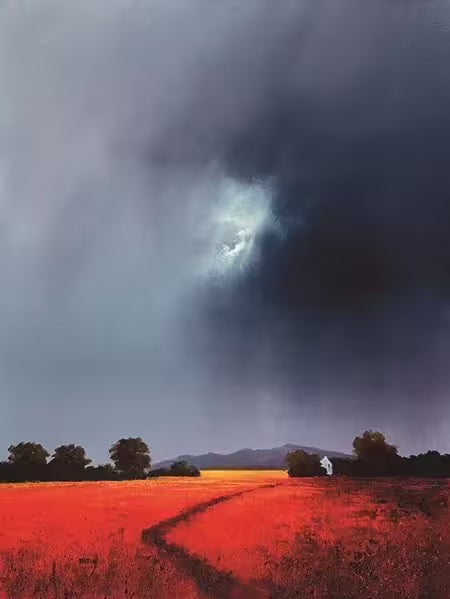 A Barry Hilton limited edition piece of a red field with a dark stormy sky, the title is Far Horizons II
