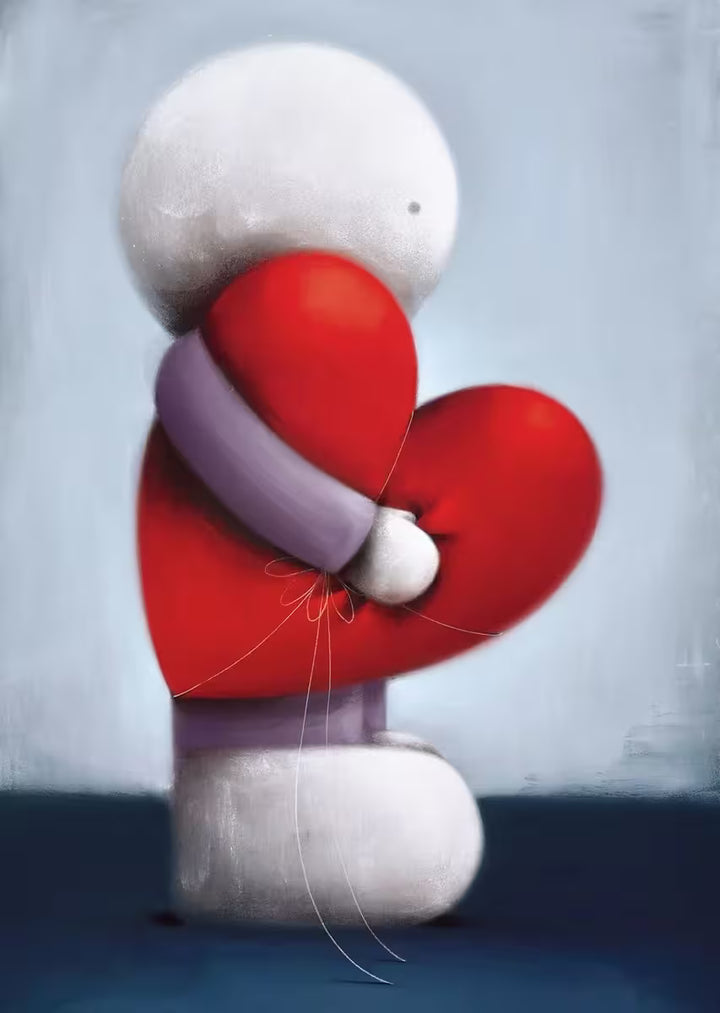 A Doug Hyde limited edition print, A person wearing purple turned to the side holding a red heart wrapped up in white string, the title is Feel The Love