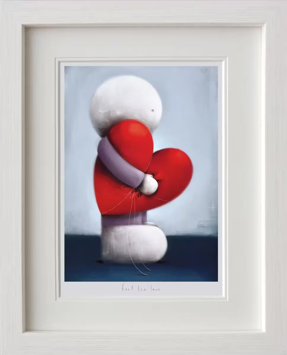 A Doug Hyde limited edition print framed, A person wearing purple turned to the side holding a red heart wrapped up in white string, the title is Feel The Love