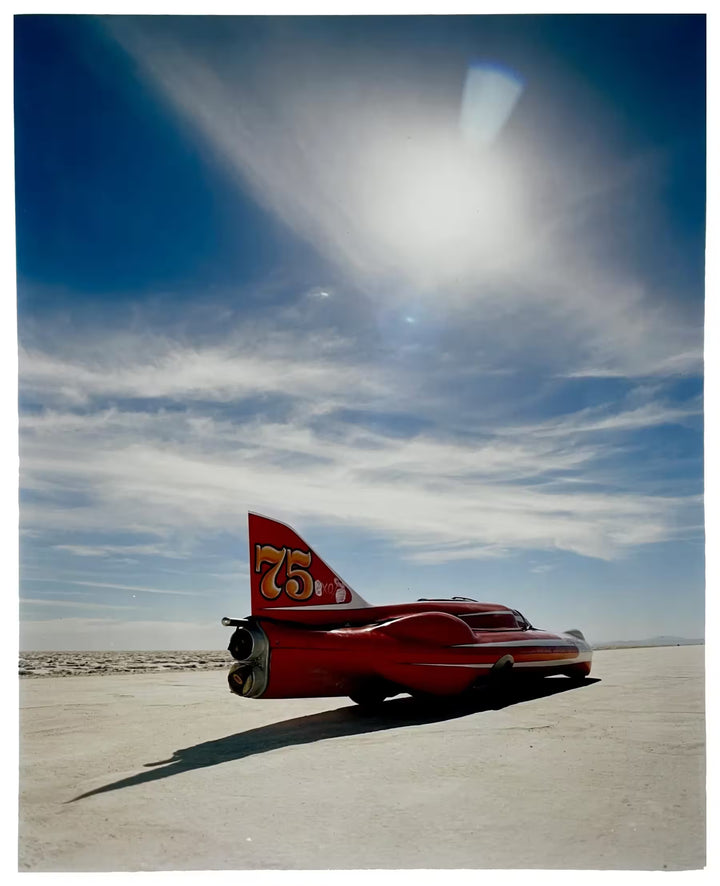 A limited edition photograph by Richard Heeps using vibrant colours, the title is Rear Three Quarters, Bonneville, 2003