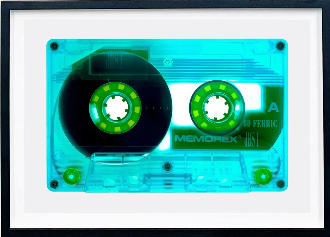 A framed limited edition photograph by Richard Heeps using vibrant colours, the title is Tape Collection Ferric 60 (Aqua)
