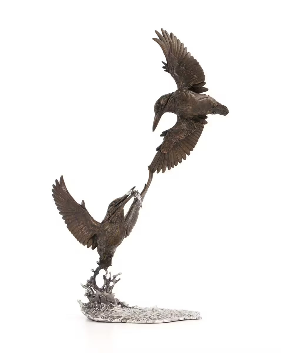 Bronze sculpture of two birds in mid-flight on a white background, First Prize by Dean Kendrick