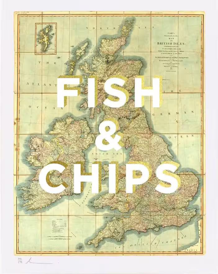 A limited edition by The Real Hackney Dave of a map of the United Kingdom with screenprint over the top, the title is Fish &amp; Chips
