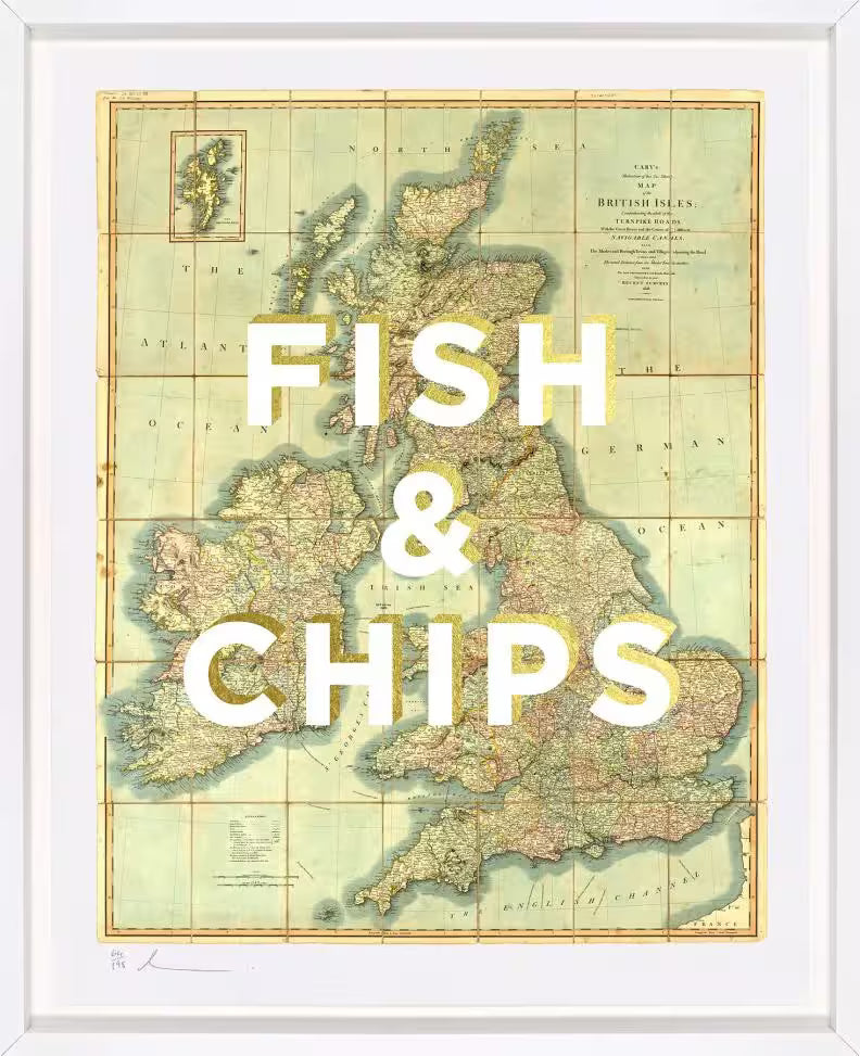 A limited edition by The Real Hackney Dave of a map of the United Kingdom with screenprint over the top, the title is Fish &amp; Chips