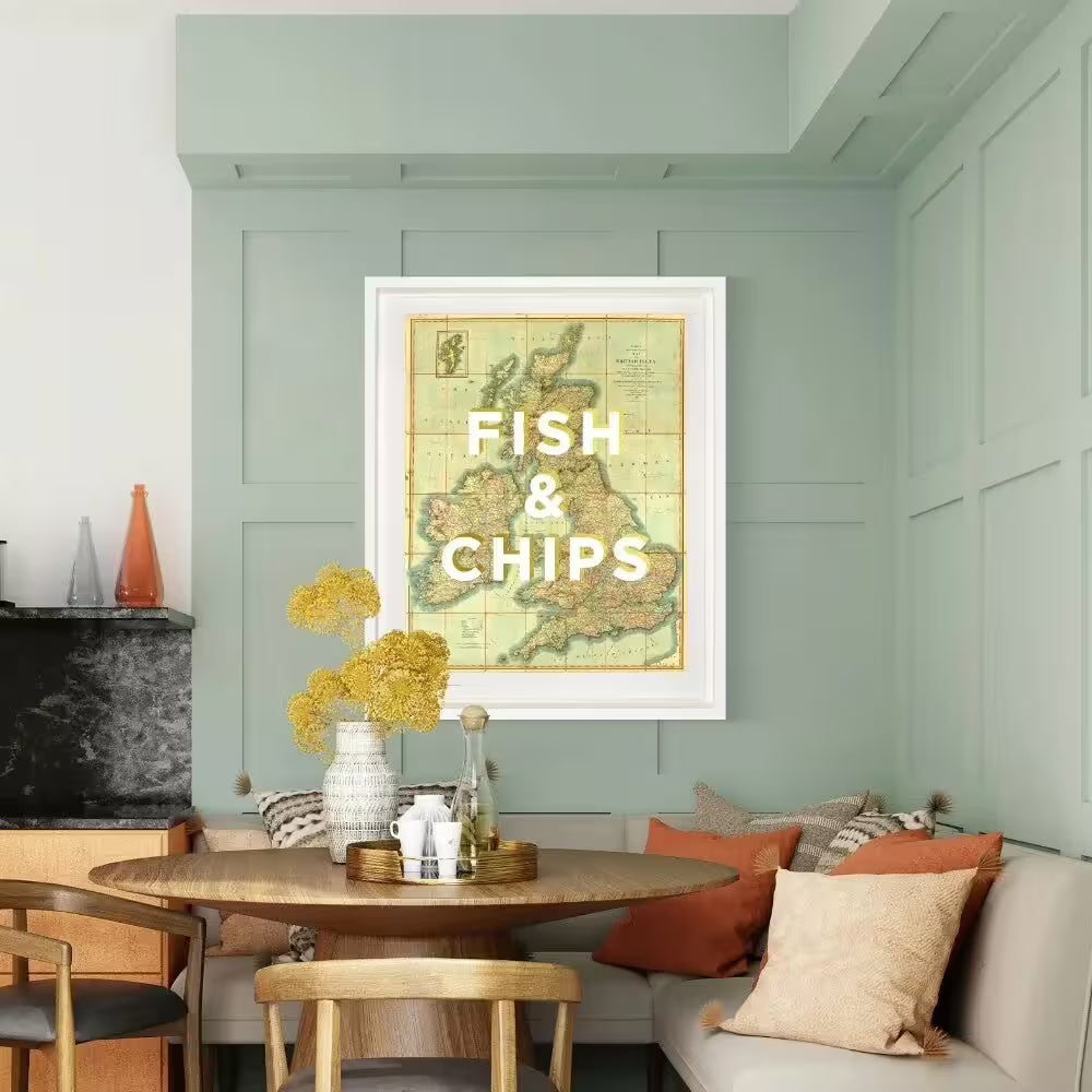 A limited edition by The Real Hackney Dave of a map of the United Kingdom with screenprint over the top, the title is Fish &amp; Chips