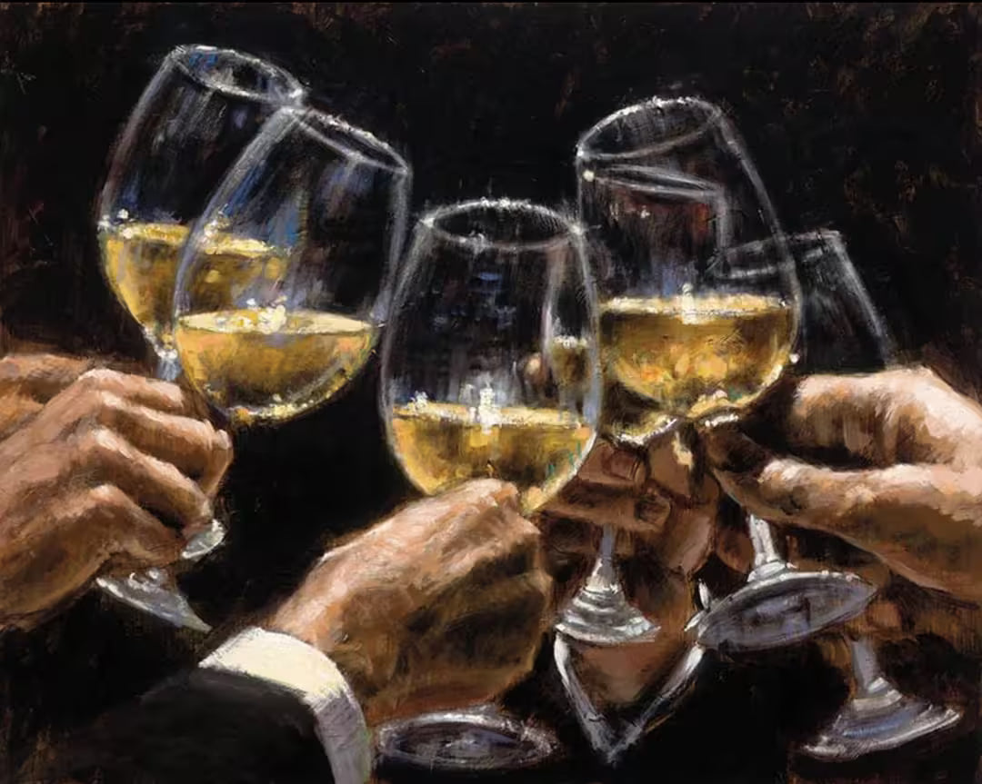 A Fabian Perez limited edition of glasses being cheered, the title is For a Better Life