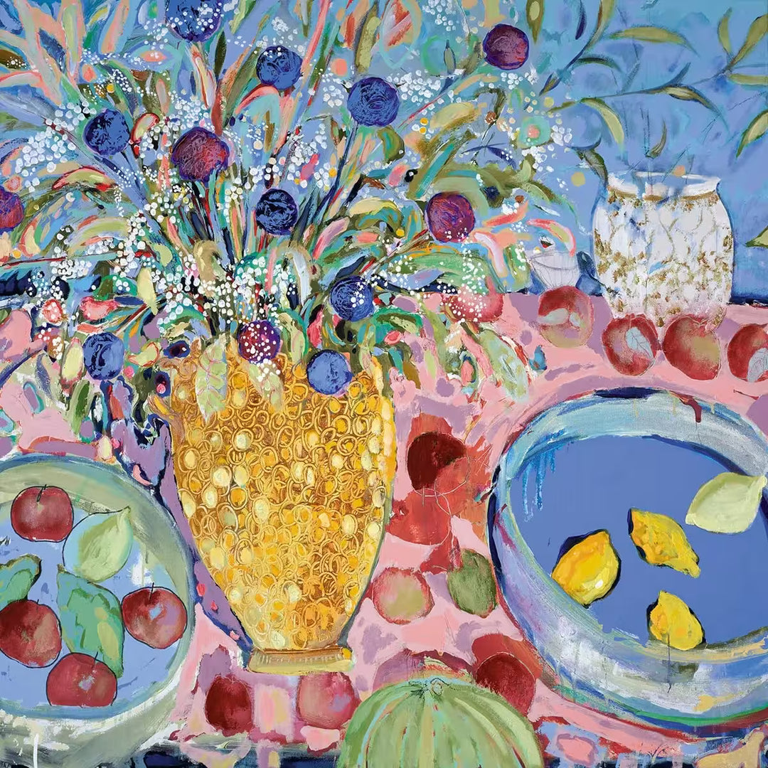 A Michael F. Rumsby limited edition piece of a vase of flowers and bowls of lemons and apples, the title is Forbidden Fruit