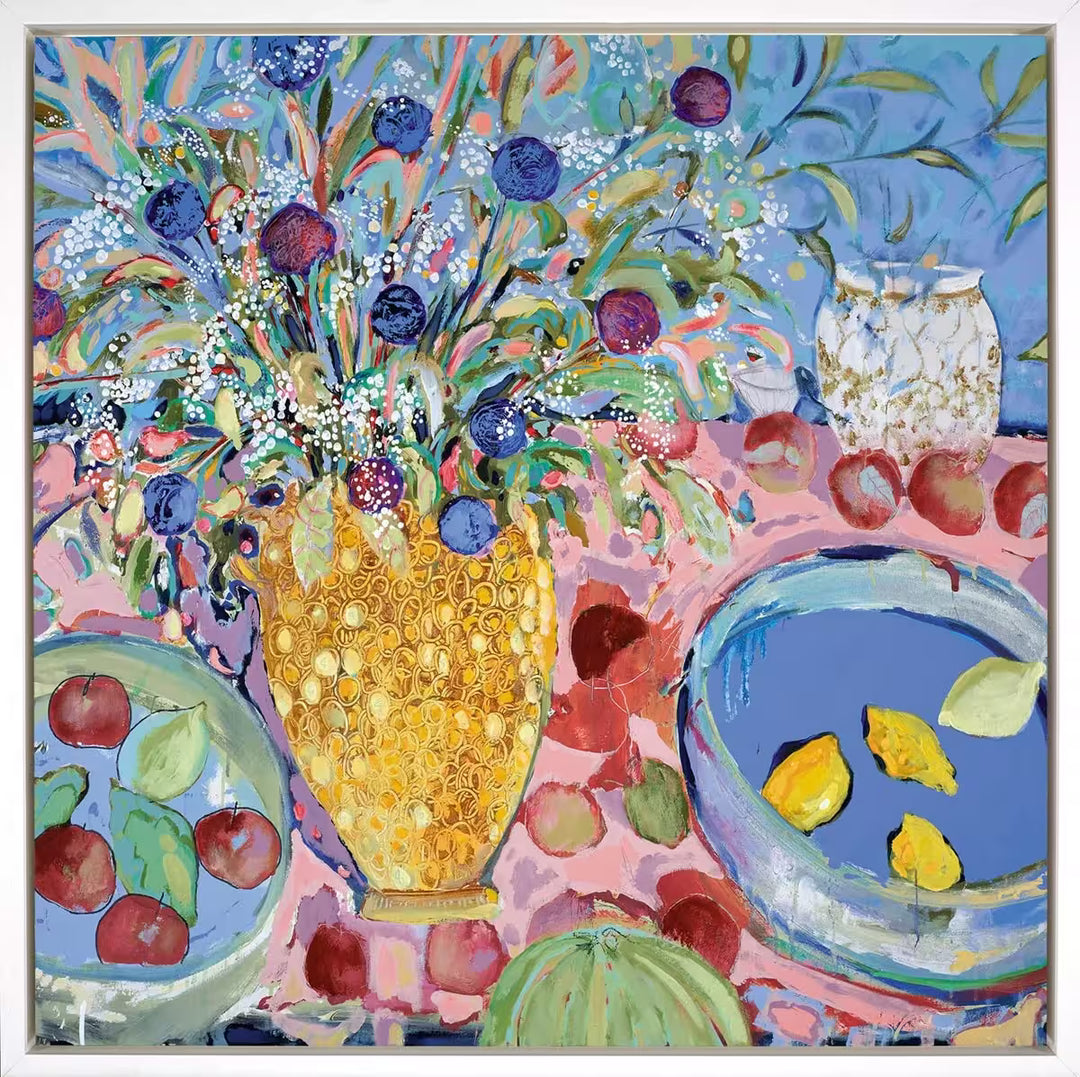 A Michael F. Rumsby limited edition piece of a vase of flowers and bowls of lemons and apples, the title is Forbidden Fruit