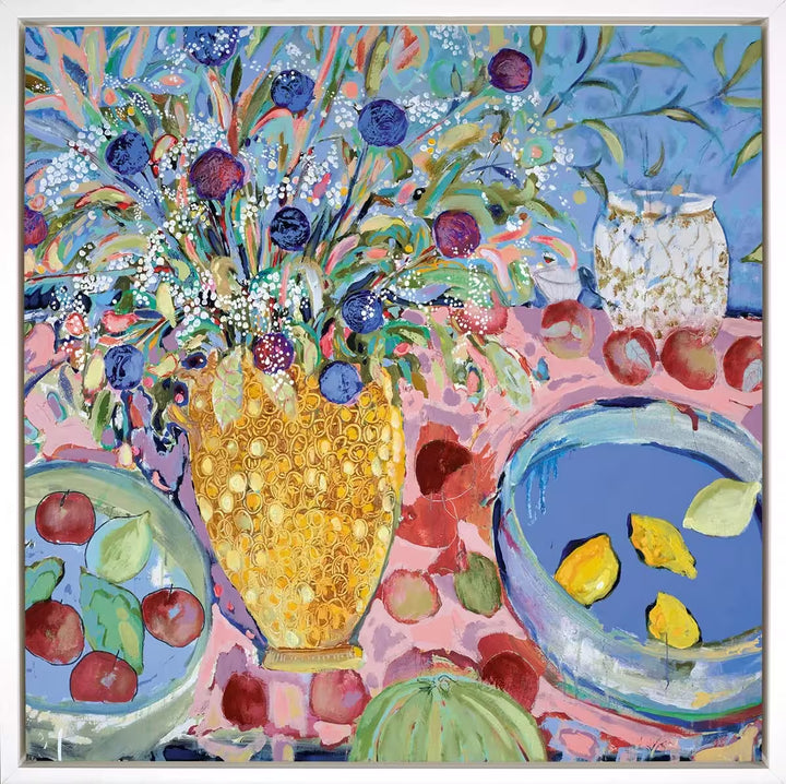A Michael F. Rumsby limited edition piece of a vase of flowers and bowls of lemons and apples, the title is Forbidden Fruit