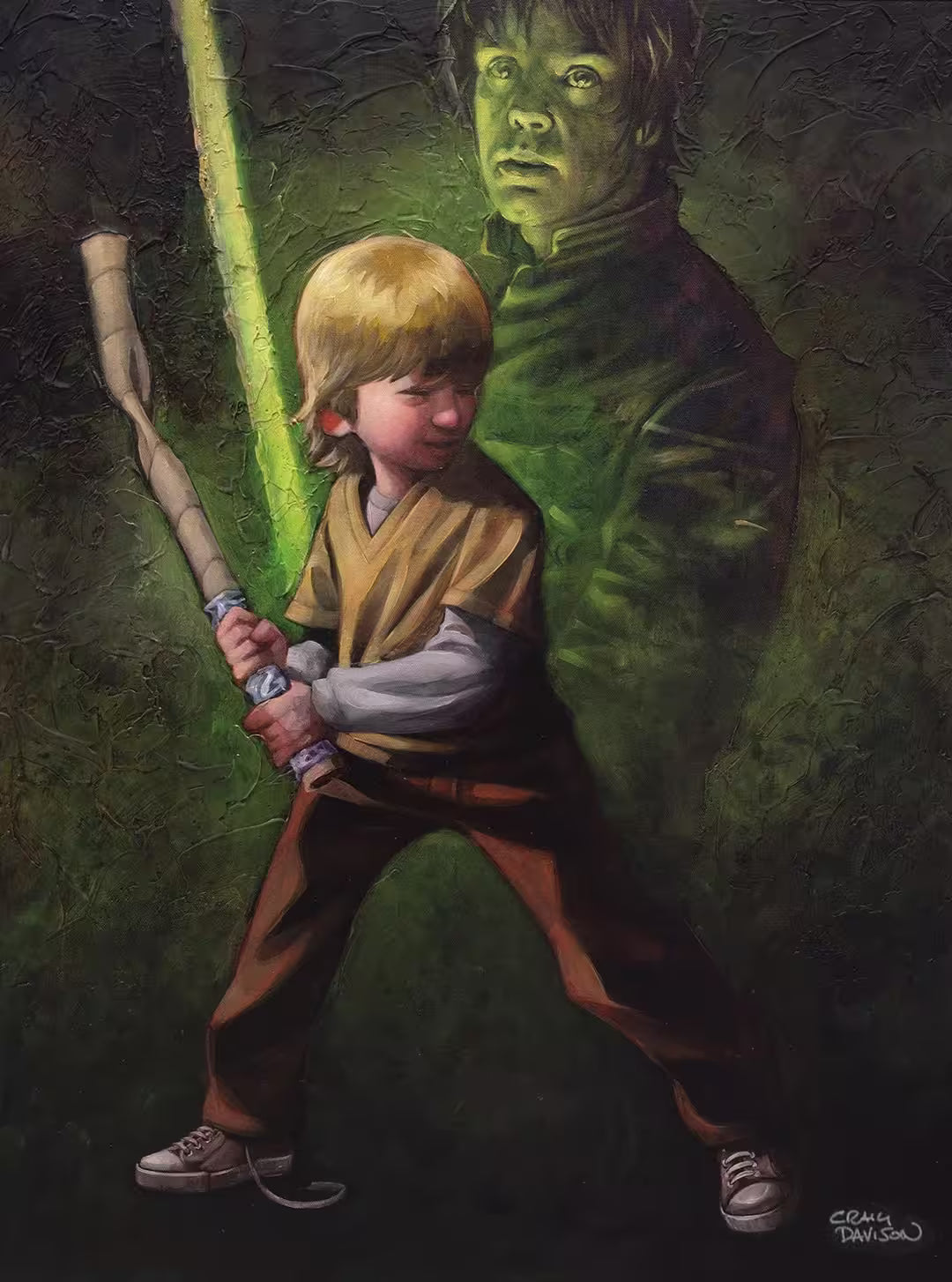 A Craig Davison limited edition of a little boy playing with a cardboard roll with Luke Skywalker behind him holding a lightsaber, the title is Force It