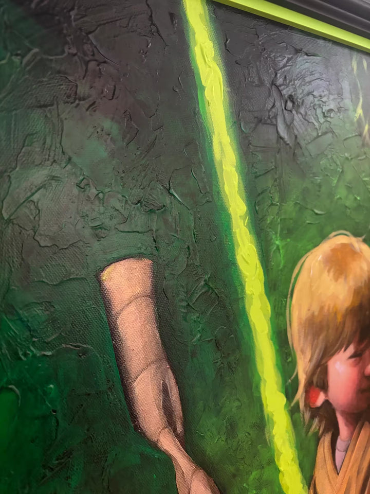 A Craig Davison limited edition of a little boy playing with a cardboard roll with Luke Skywalker behind him holding a lightsaber, the title is Force It