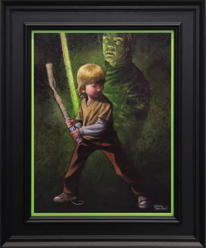 A Craig Davison limited edition of a little boy playing with a cardboard roll with Luke Skywalker behind him holding a lightsaber, the title is Force It