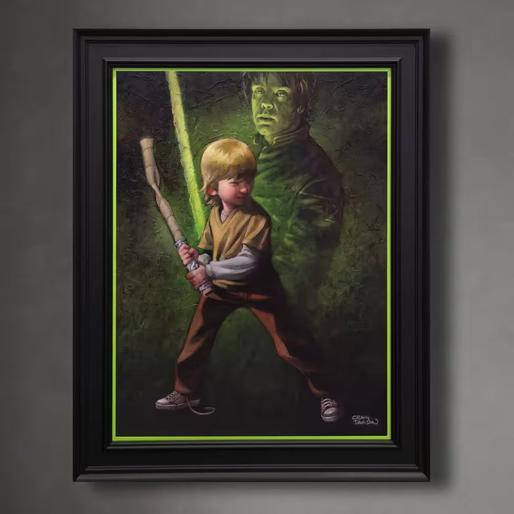 A Craig Davison limited edition of a little boy playing with a cardboard roll with Luke Skywalker behind him holding a lightsaber, the title is Force It