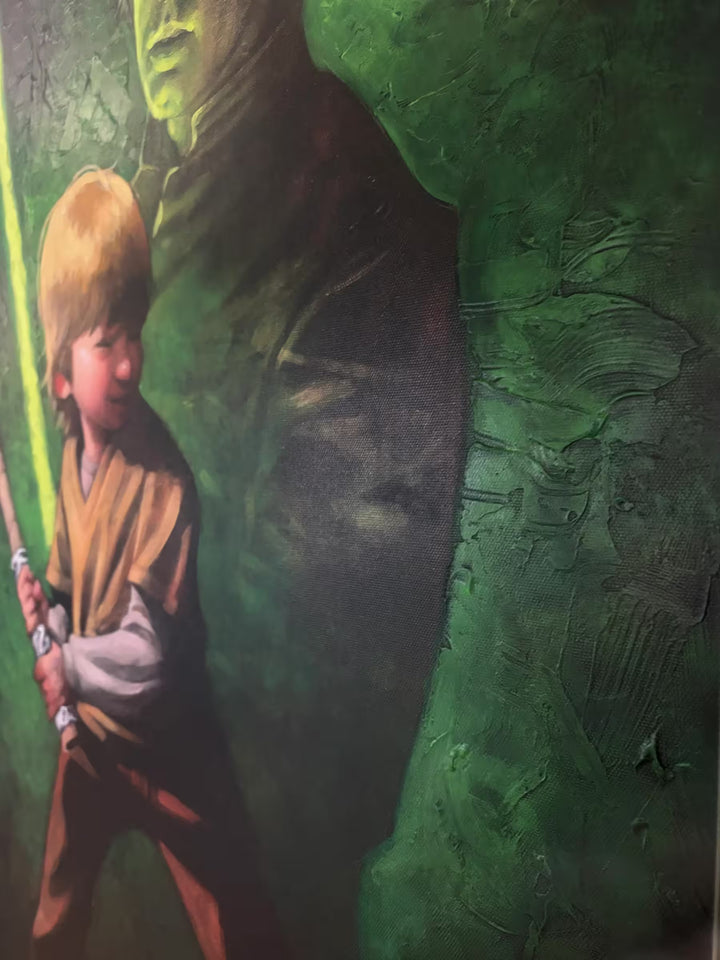 A Craig Davison limited edition of a little boy playing with a cardboard roll with Luke Skywalker behind him holding a lightsaber, the title is Force It