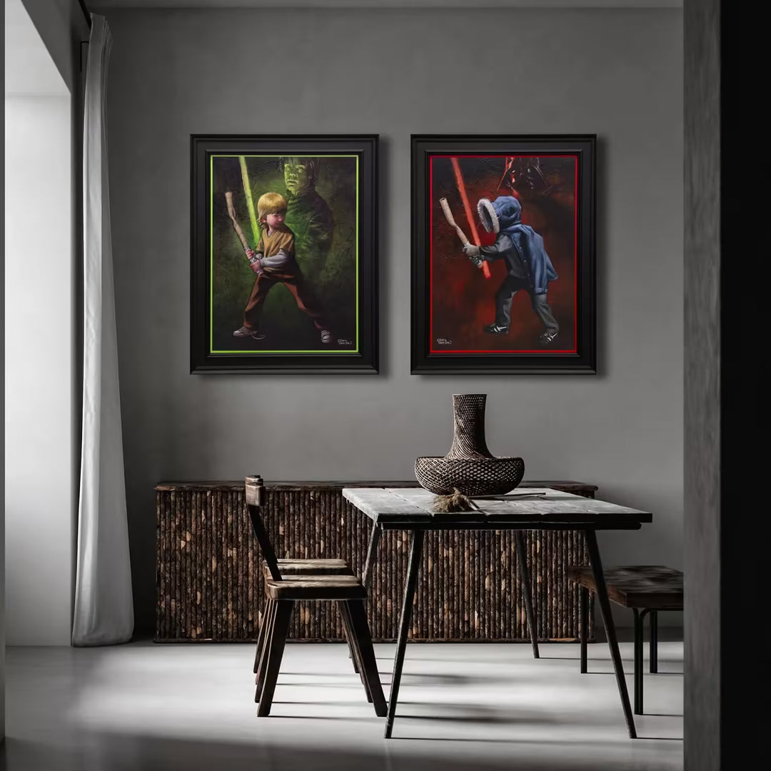 A Craig Davison limited edition of a little boy playing with a cardboard roll with Luke Skywalker behind him holding a lightsaber, the title is Force It