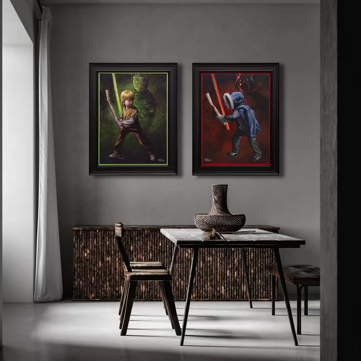 A Craig Davison limited edition of a little boy playing with a cardboard roll with Luke Skywalker behind him holding a lightsaber, the title is Force It