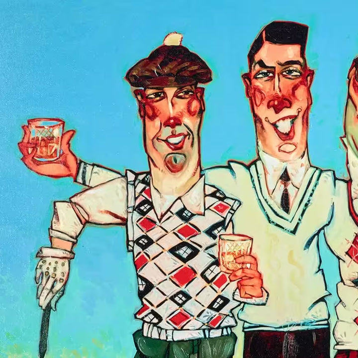 A Todd White limited edition of four golfers in colourful wear holding drinks, the title is Fore