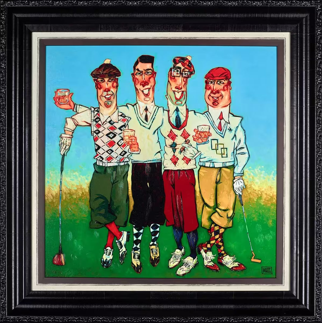 A Todd White framed limited edition of four golfers in colourful wear holding drinks, the title is Fore