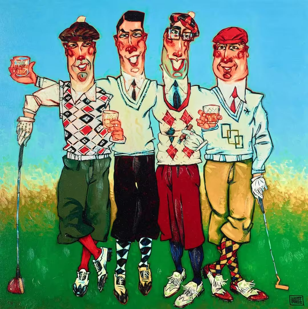 A Todd White limited edition of four golfers in colourful wear holding drinks, the title is Fore