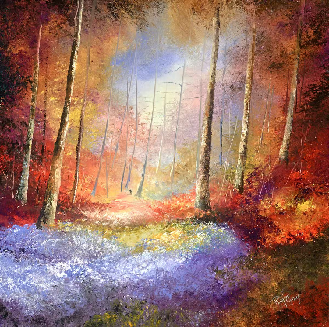 A Philip Gray original of a bright coloiurful forest with two people walking in the distance, the title is Forest Colours