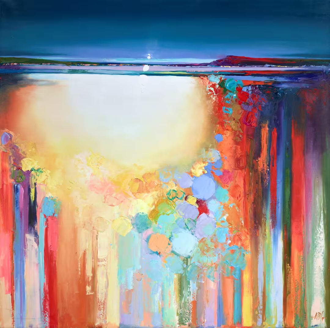 An Anna Gammans original of an abstract colourful sunset, the title is Forever Joyful IV
