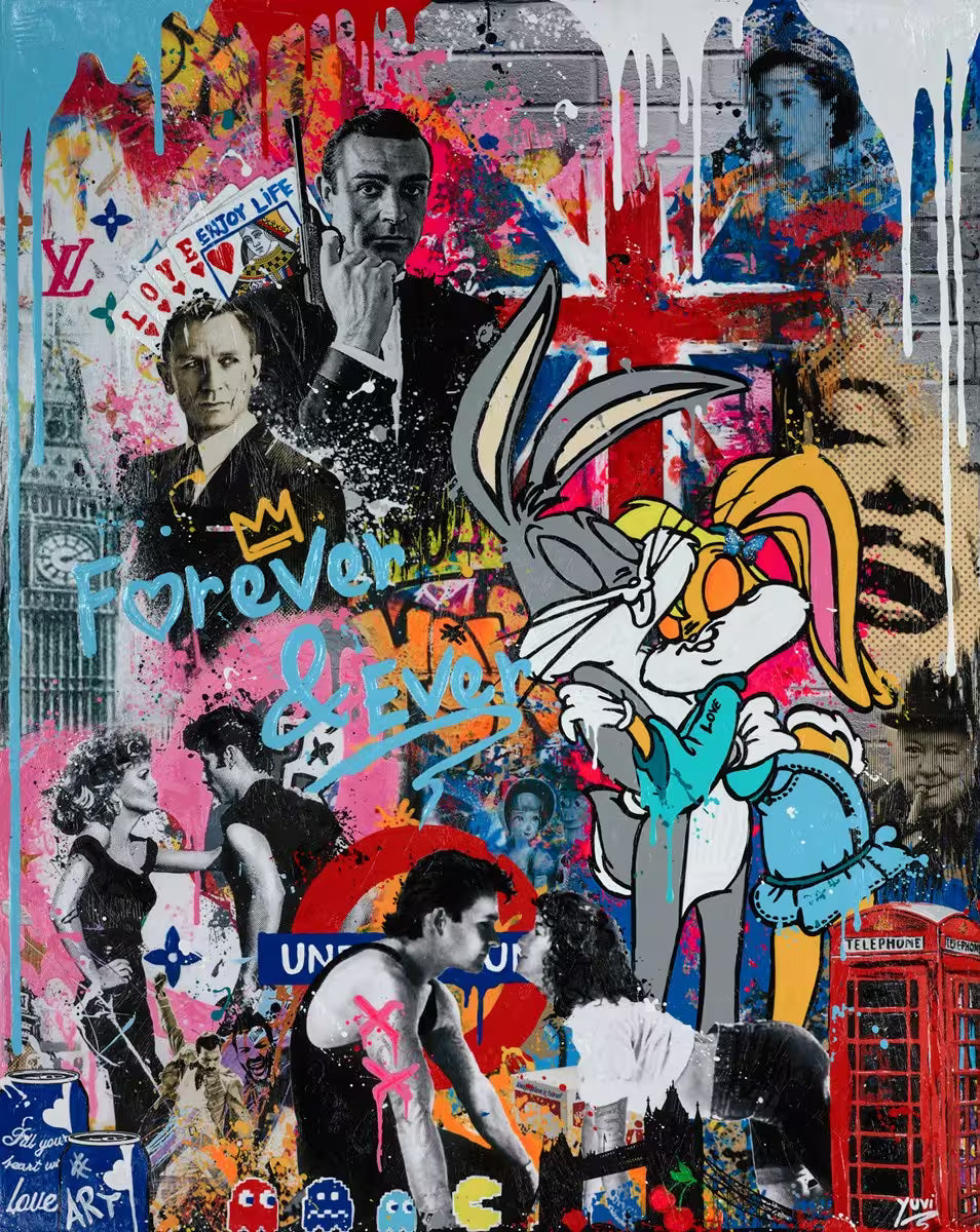 A Yuvi original mixed medie piece with pop iconography, the title is Forever & Ever- Iconography