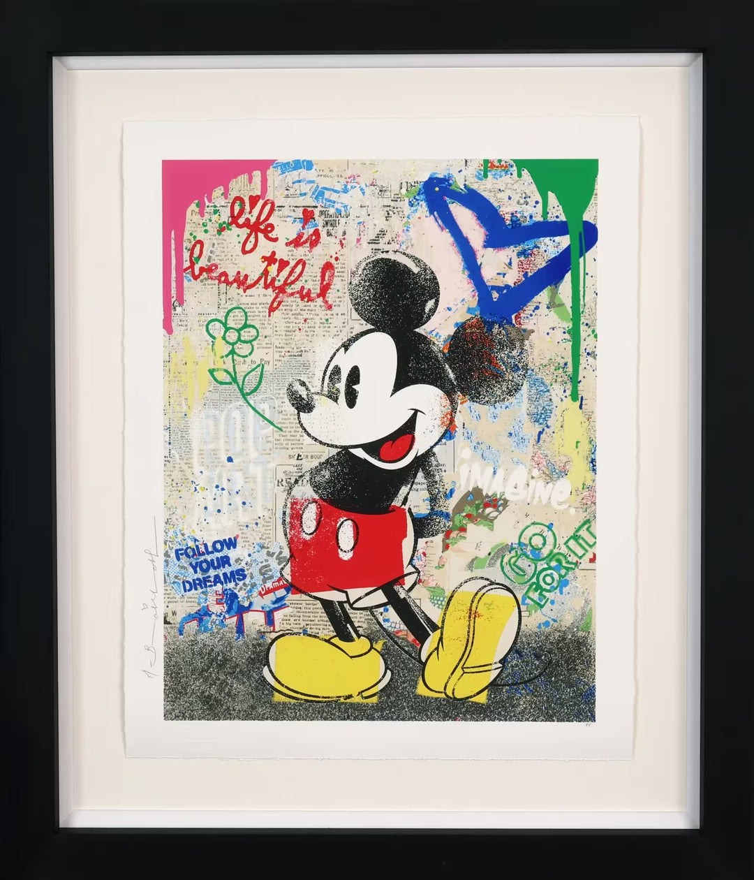 A Mr Brainwash framed limited edition of Mickey Mouse with dripping paint and newspaper with spray paint over the top behind him, the title is Forever Mickey