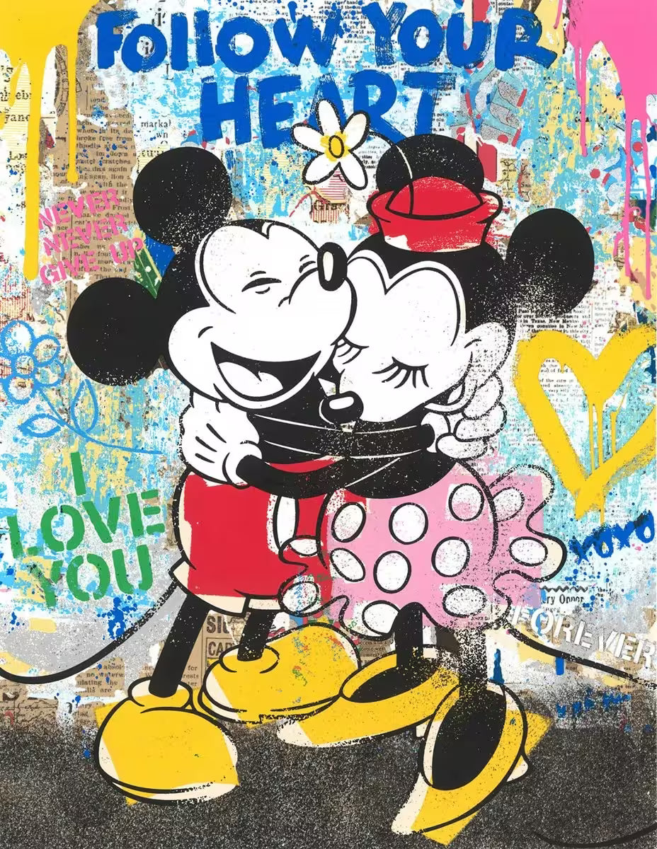 A Mr Brainwash limited edition of Mickey and Minnie Mouse hugging and smiling against a wall covered in newspaper clippings and spray paint, the title is Forever Starts Here