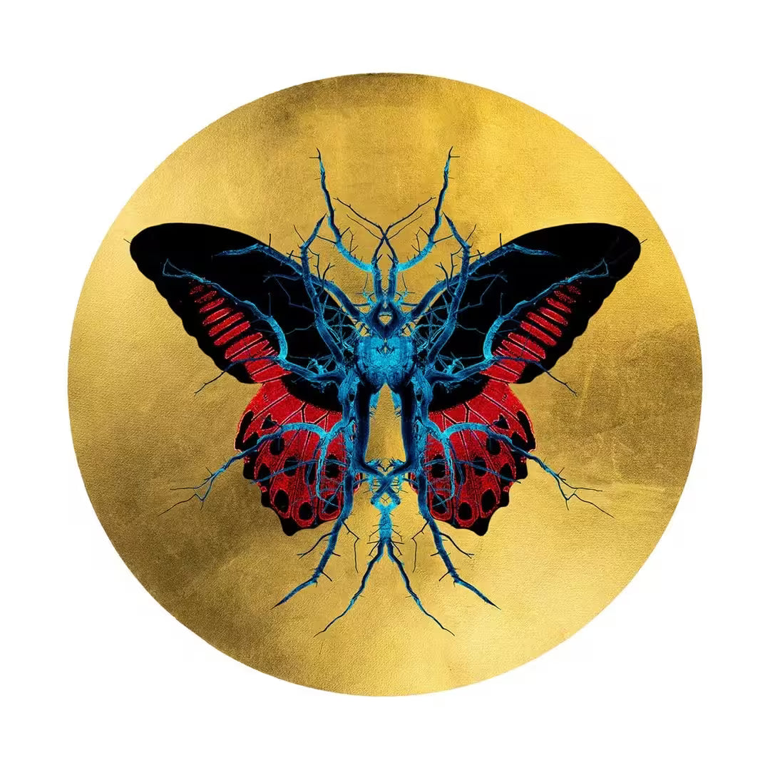 A Maxim limited edition of a butterfly with it's limbs distorted inside a gold circle, the title is Formation