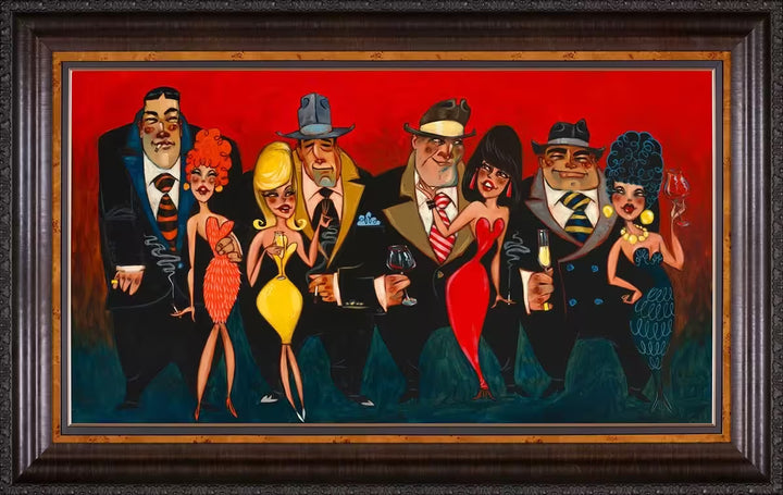 A Todd White framed limited edition piece of four gangsters and four ladies all drinking, the title is Friday Night Molls