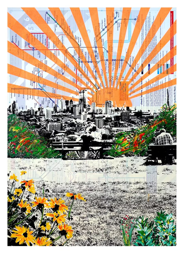 A Jayson Lilley limited edition screen print of the London Underground map with the view of Parliament Hill over the top, the title is From Parliament Hill