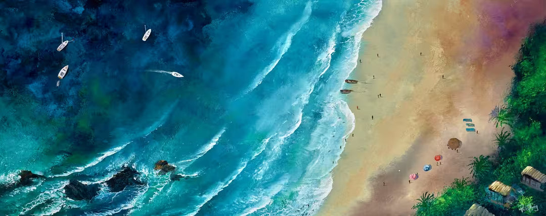 A Philip Gray original of a coast line with boats on the sea and people on the sand, the title is Fun at the Beach III