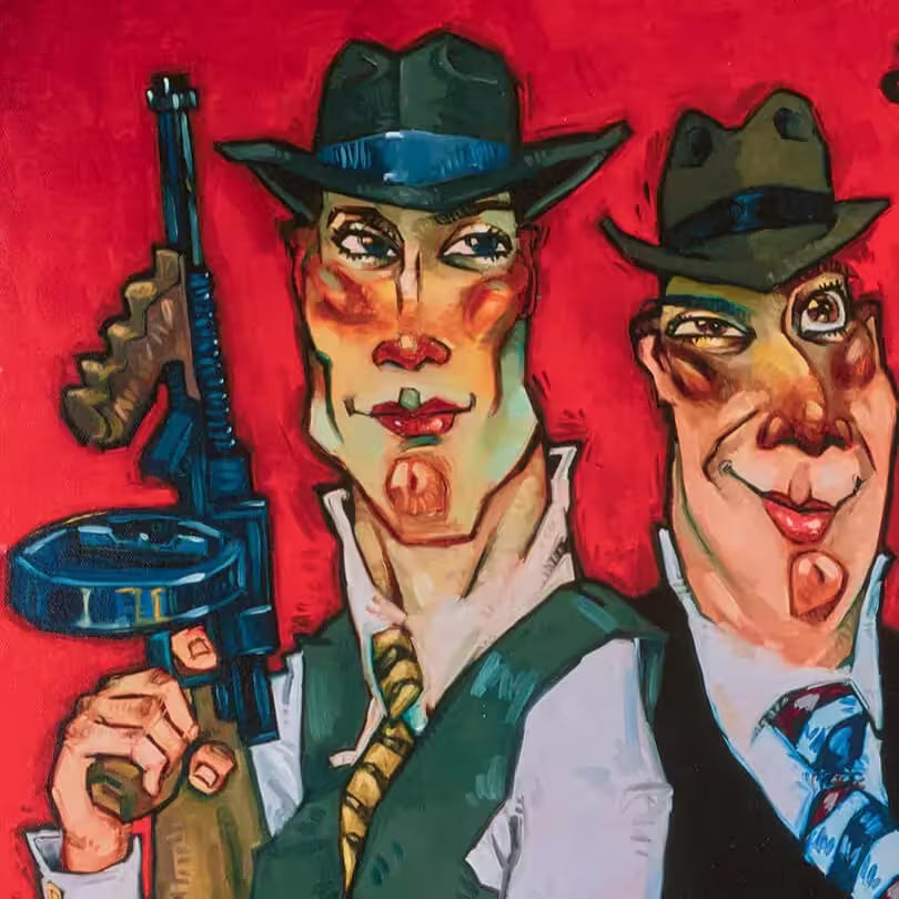 A Todd White limited edition piece of four men with guns and cigars, the title is Gangstas