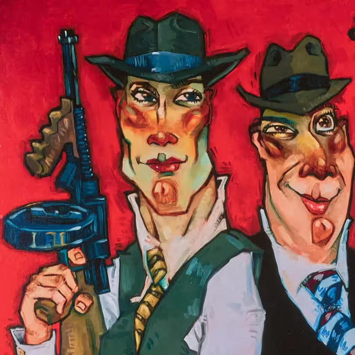 A Todd White limited edition piece of four men with guns and cigars, the title is Gangstas