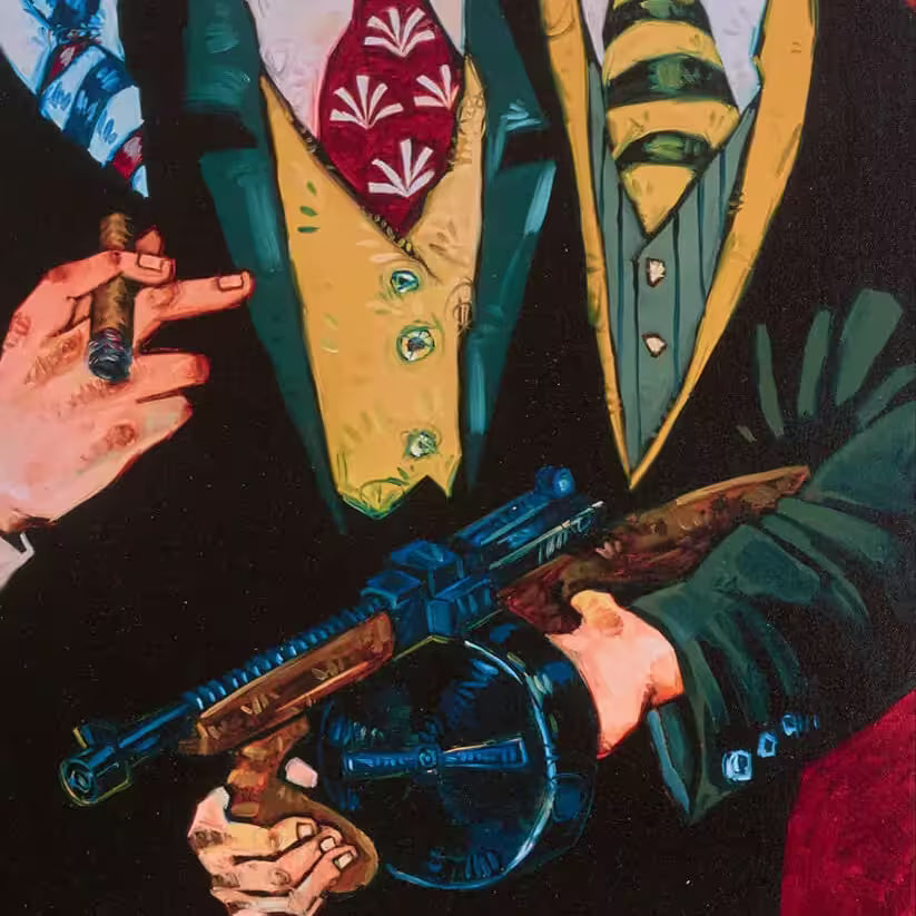 A Todd White limited edition piece of four men with guns and cigars, the title is Gangstas