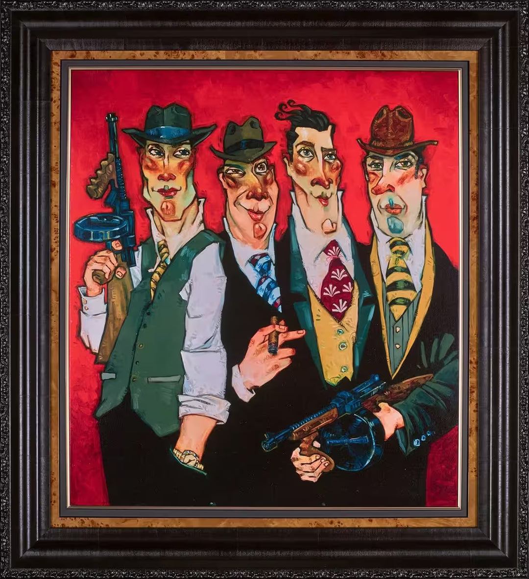 A Todd White framed limited edition piece of four men with guns and cigars, the title is Gangstas